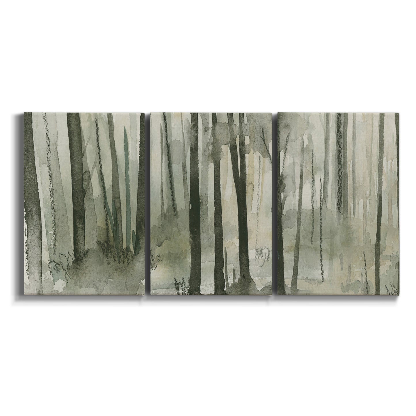 Three-panel canvas wall art featuring wooded forest path watercolor on white background.