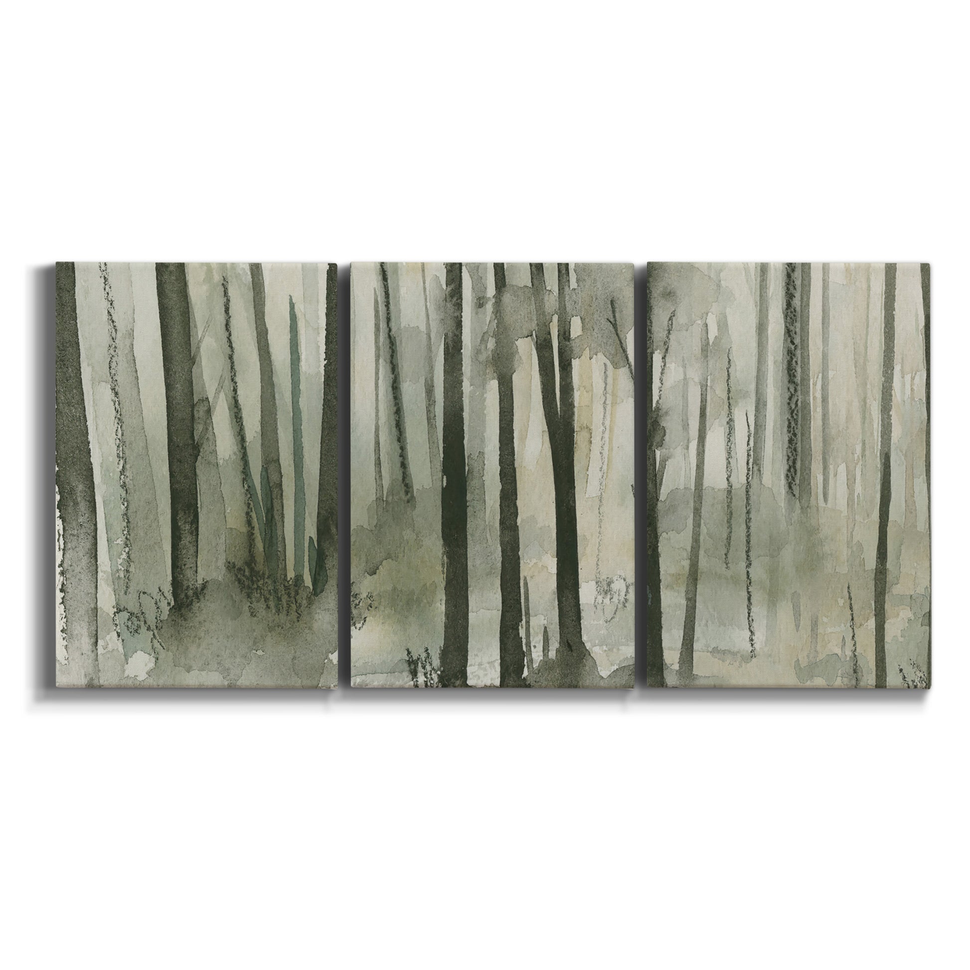 Three-panel canvas wall art featuring wooded forest path watercolor on white background.