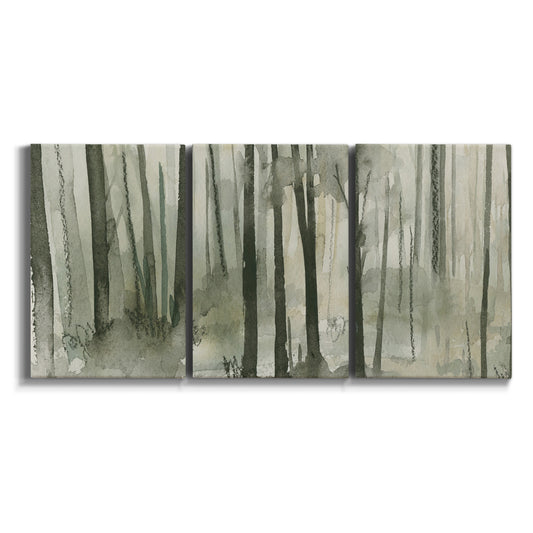 Three-panel canvas wall art featuring wooded forest path watercolor on white background.
