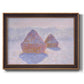Impressionist winter haystack scene with sunlight by Claude Monet printed on canvas in an ornate bronzed mahogany wood frame.
