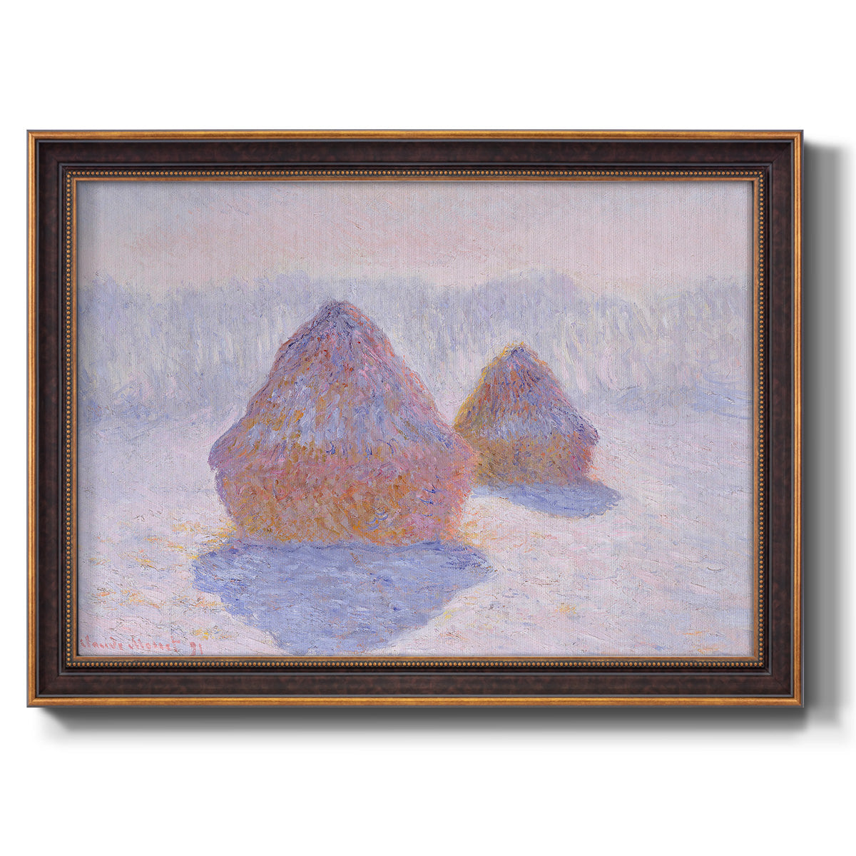 Impressionist winter haystack scene with sunlight by Claude Monet printed on canvas in an ornate bronzed mahogany wood frame.