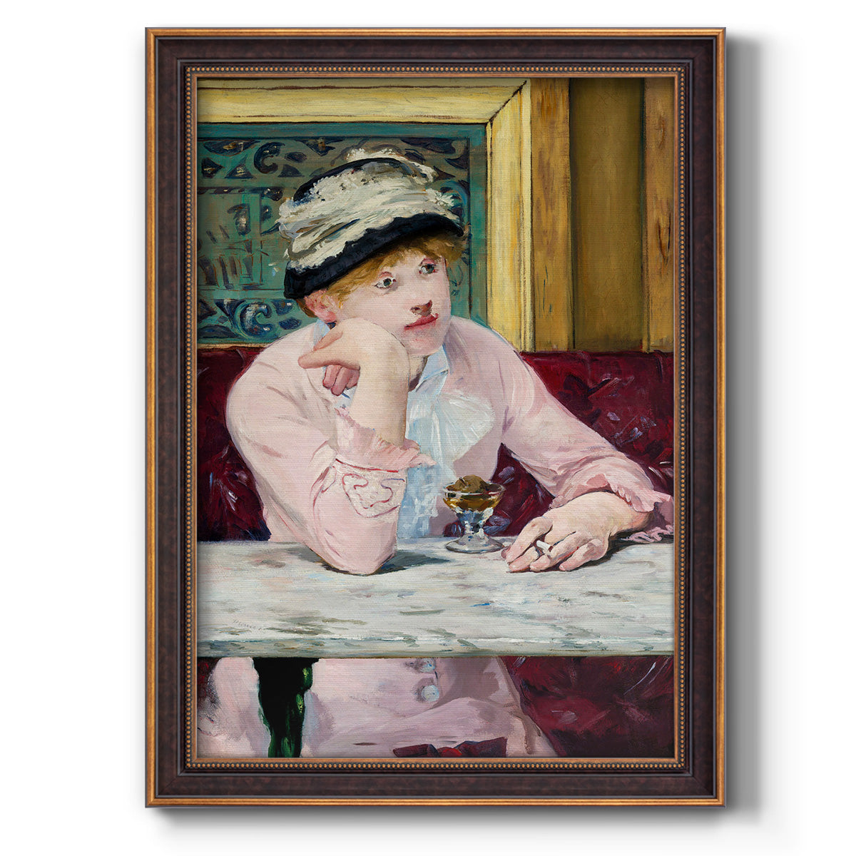 Impressionist portrait scene with plum brandy by Édouard Manet printed on canvas in an ornate weathered white frame with a vertical orientation.