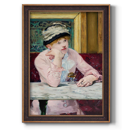 Impressionist portrait scene with plum brandy by Édouard Manet printed on canvas in an ornate weathered white frame with a vertical orientation.