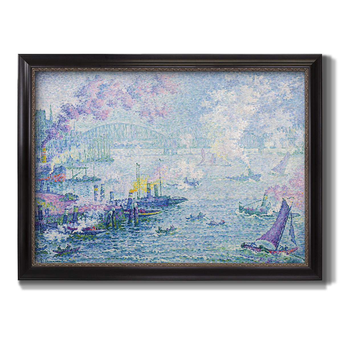 Impressionist industrial harbor scene by Paul Signac printed on canvas in an ornate black frame with gilded inner detail.