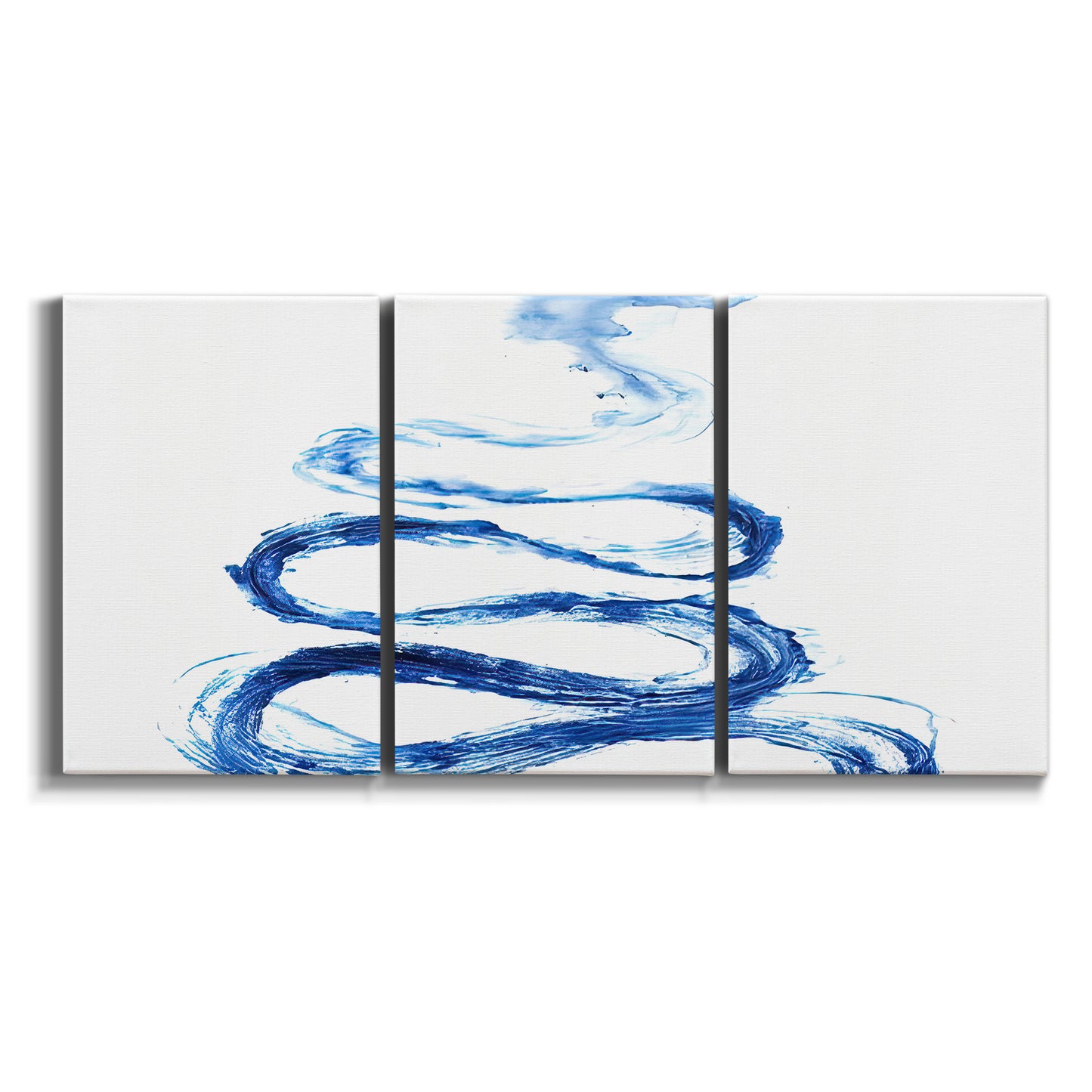 Three-panel canvas wall art featuring indigo abstract vapor watercolor on white background.