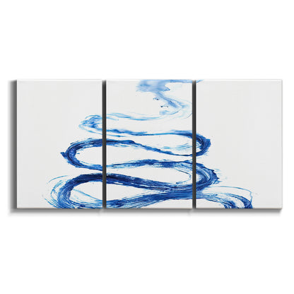 Three-panel canvas wall art featuring indigo abstract vapor watercolor on white background.