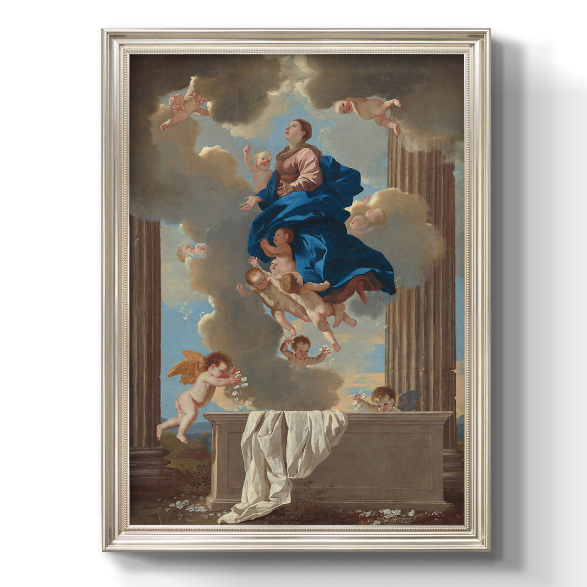 Classical religious depiction of the Assumption of the Virgin by Nicolas Poussin printed on canvas in an ornate champagne frame with a vertical orientation.