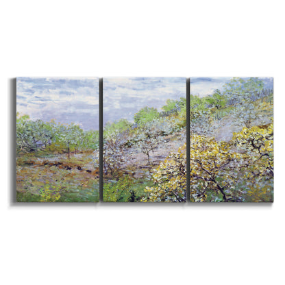 Three-panel canvas wall art featuring spring orchard in full bloom on white background.