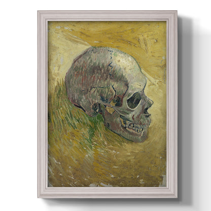 Profile skull study artwork by Vincent van Gogh printed on canvas in an ornate champagne frame with a vertical orientation.
