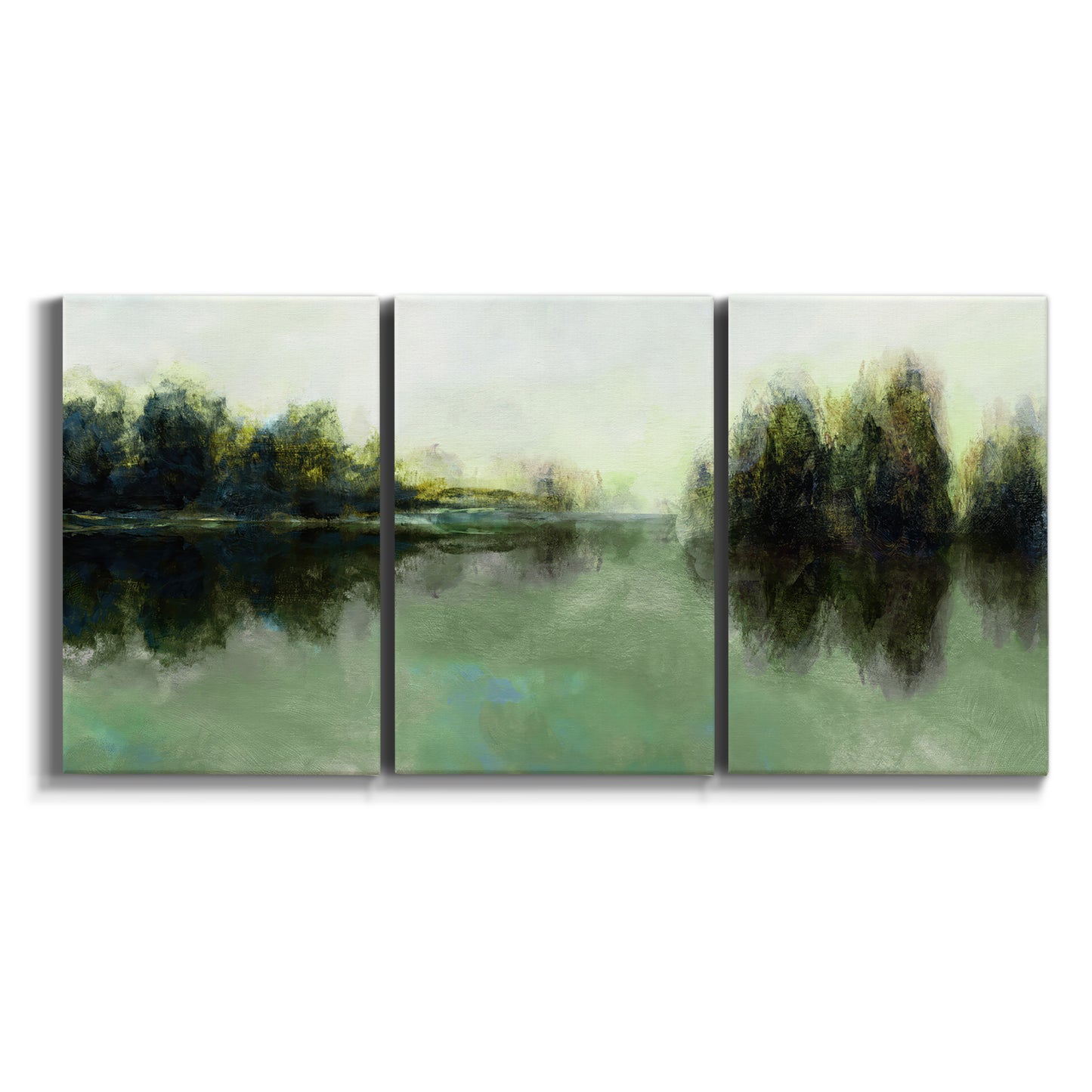 Three-panel canvas wall art featuring rain soaked landscape at sunset on white background.