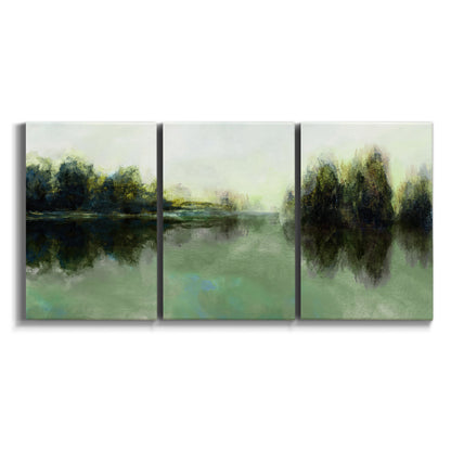 Three-panel canvas wall art featuring rain soaked landscape at sunset on white background.