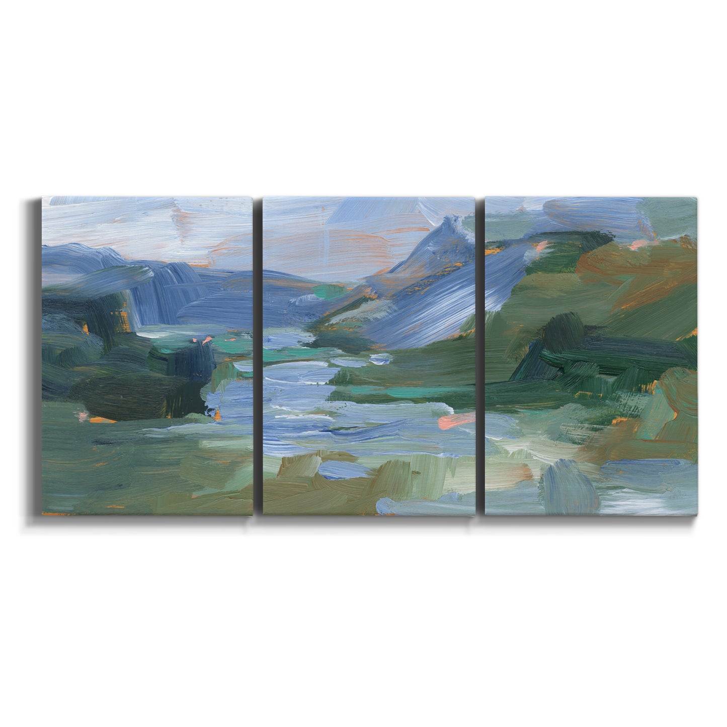 Three-panel canvas wall art featuring abstract landscape composition study on white background.