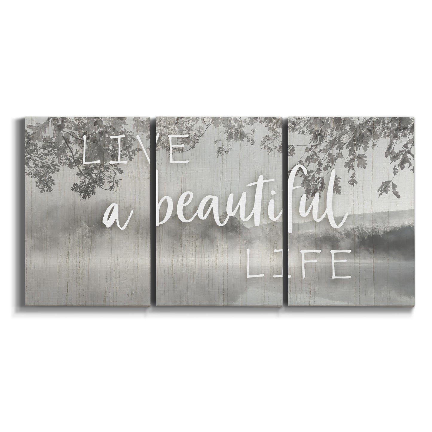 Three-panel canvas wall art featuring uplifting life themed typography on white background.