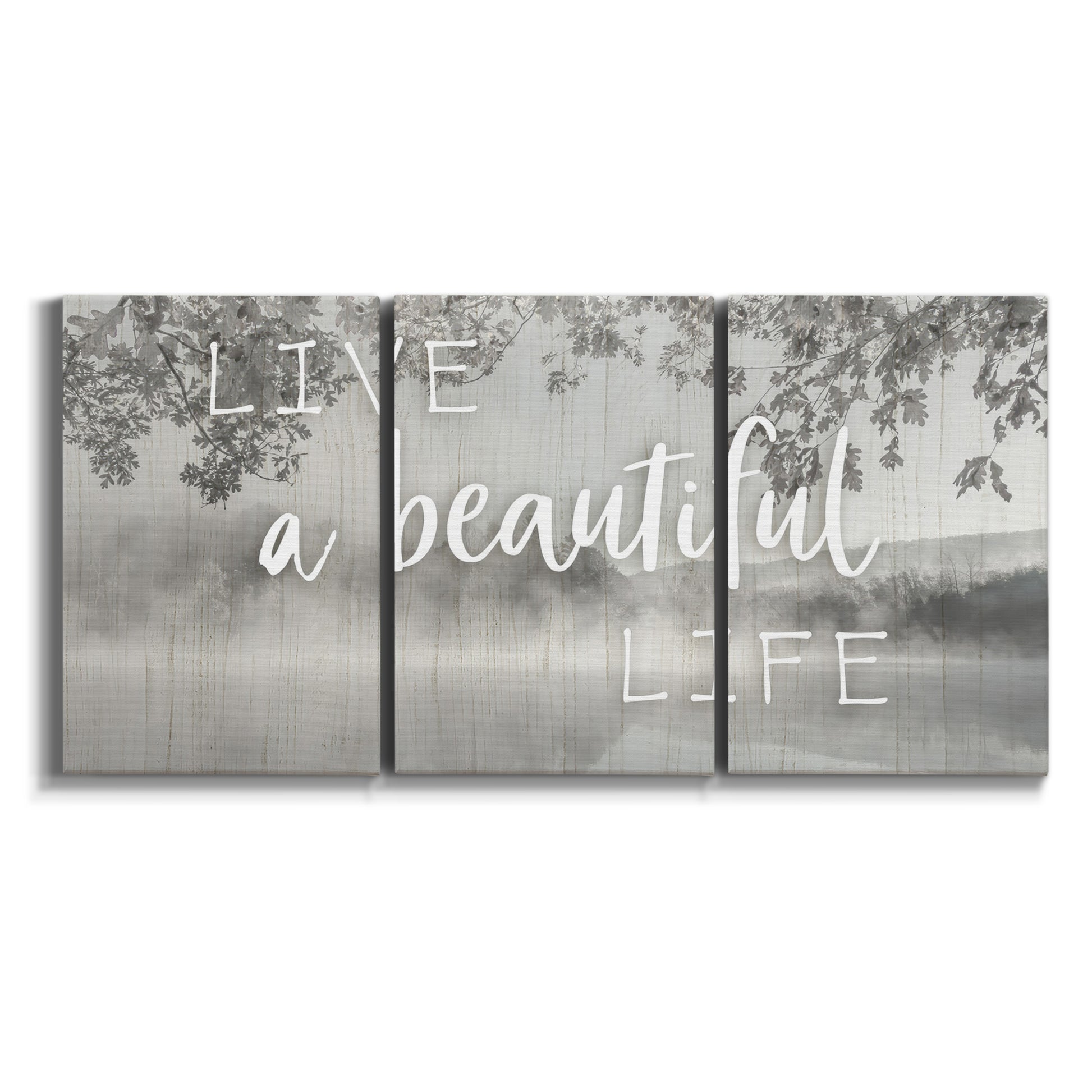 Three-panel canvas wall art featuring uplifting life themed typography on white background.