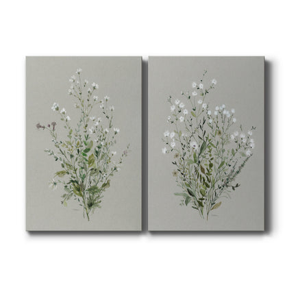 Set of two vertical canvas prints featuring soft neutral floral bouquet botanical illustration, displayed side by side.