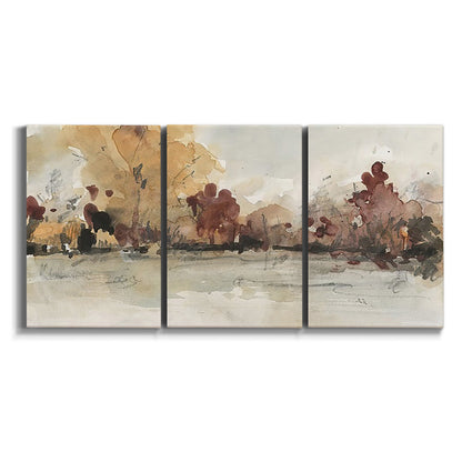 Three-panel canvas wall art featuring autumn landscape with trees and field on white background.