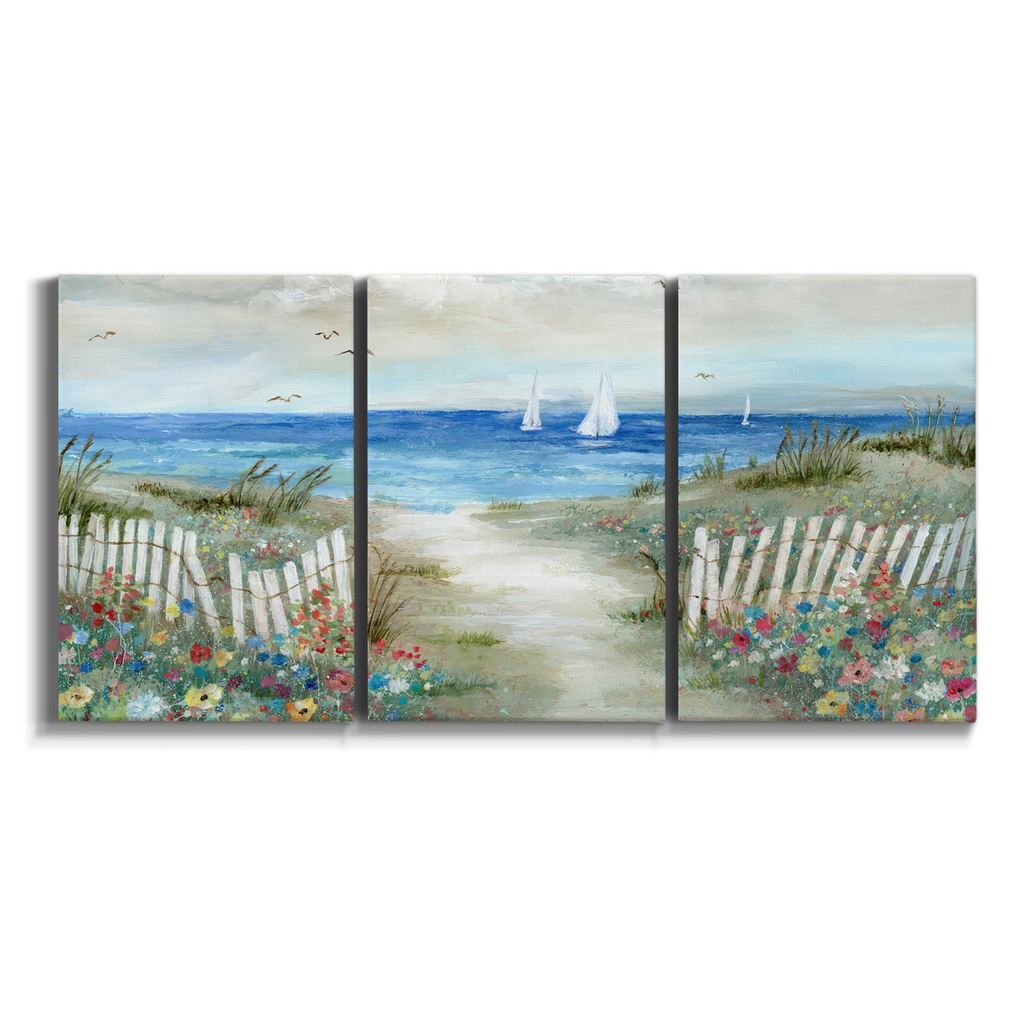 Three-panel canvas wall art featuring lush coastal garden landscape on white background.