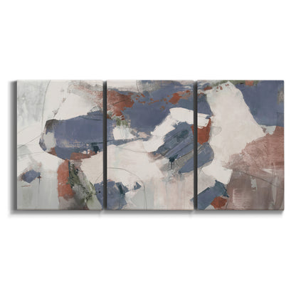 Three-panel canvas wall art featuring cool blue abstract layered composition on white background.