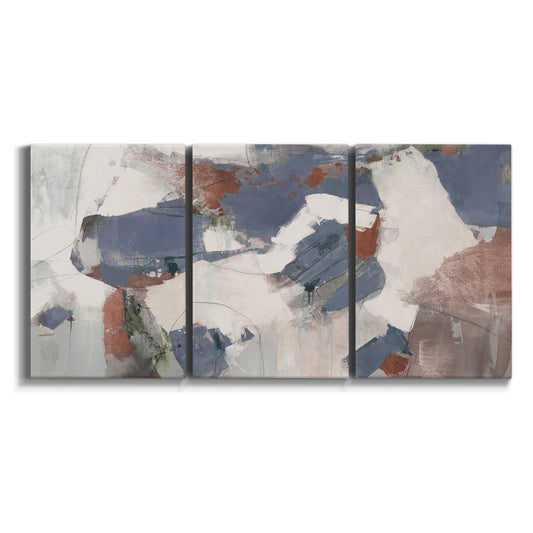Three-panel canvas wall art featuring cool blue abstract layered composition on white background.