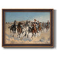 Impressionist western action scene by Frederic Remington printed on canvas in an ornate bronzed mahogany wood frame.