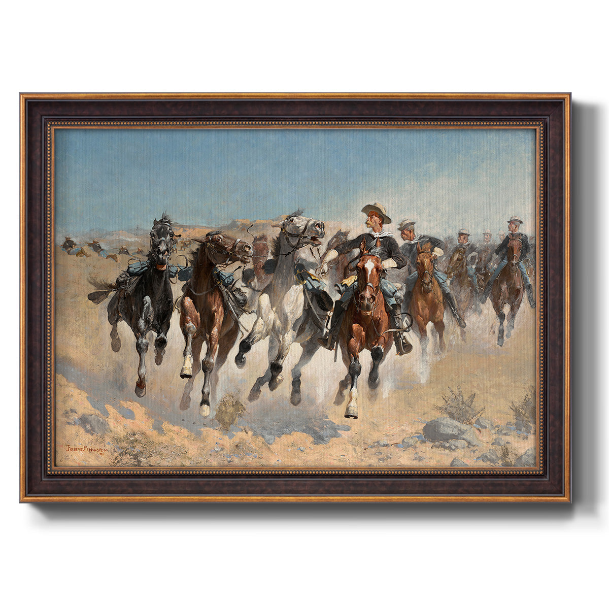 Impressionist western action scene by Frederic Remington printed on canvas in an ornate bronzed mahogany wood frame.