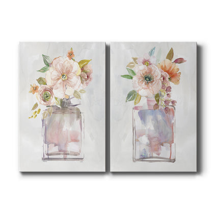 Set of two vertical canvas prints featuring delicate pastel floral bouquet illustration, displayed side by side.