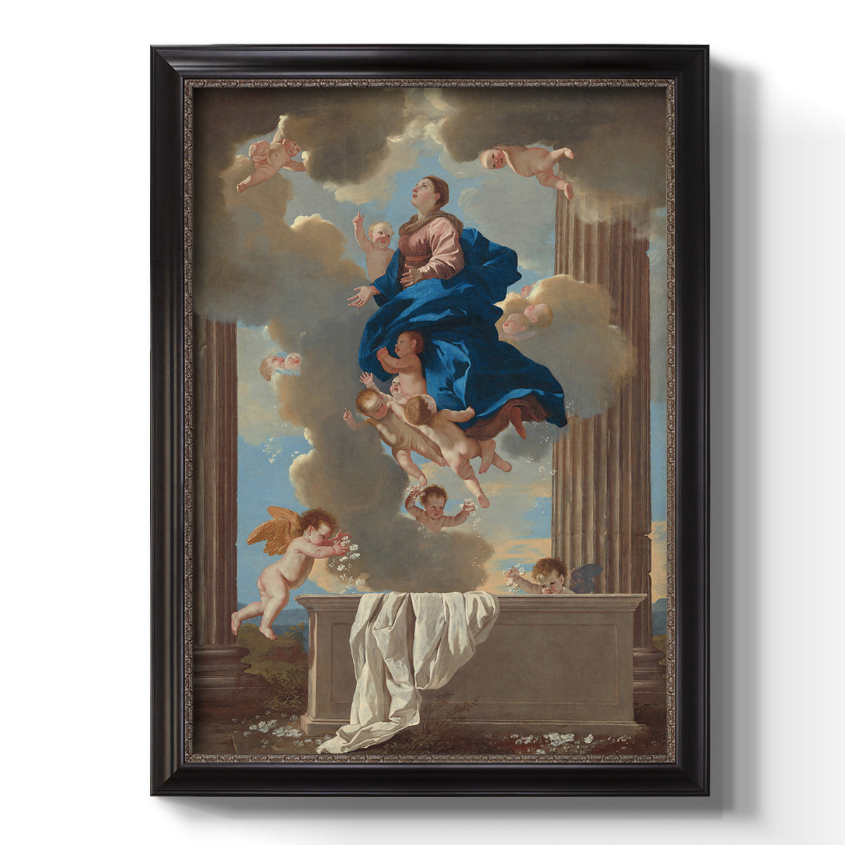 Classical religious depiction of the Assumption of the Virgin by Nicolas Poussin printed on canvas in an ornate black frame with gilded inner detail with a vertical orientation.
