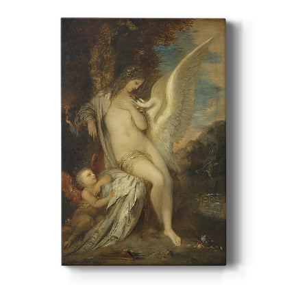 Canvas art print featuring a symbolic scene of a woman with a swan in a lush detailed setting on a clean white background.