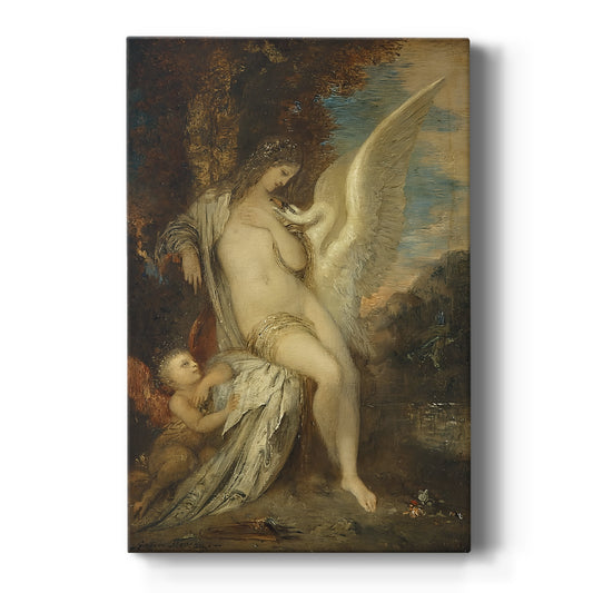 Canvas art print featuring a symbolic scene of a woman with a swan in a lush detailed setting on a clean white background.