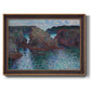 Impressionist rocky seascape by Claude Monet printed on canvas in an ornate bronzed mahogany wood frame.