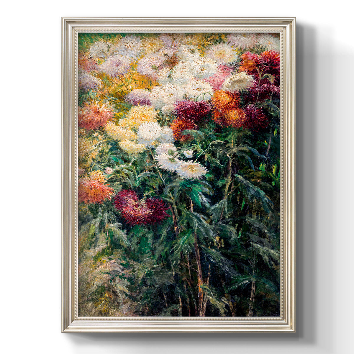 Impressionist garden floral painting by Gustave Caillebotte printed on canvas in an ornate black frame with gilded inner detail with a vertical orientation.