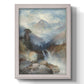 Romantic landscape painting of the Rocky Mountains by Thomas Moran printed on canvas in an ornate weathered white frame with a vertical orientation.