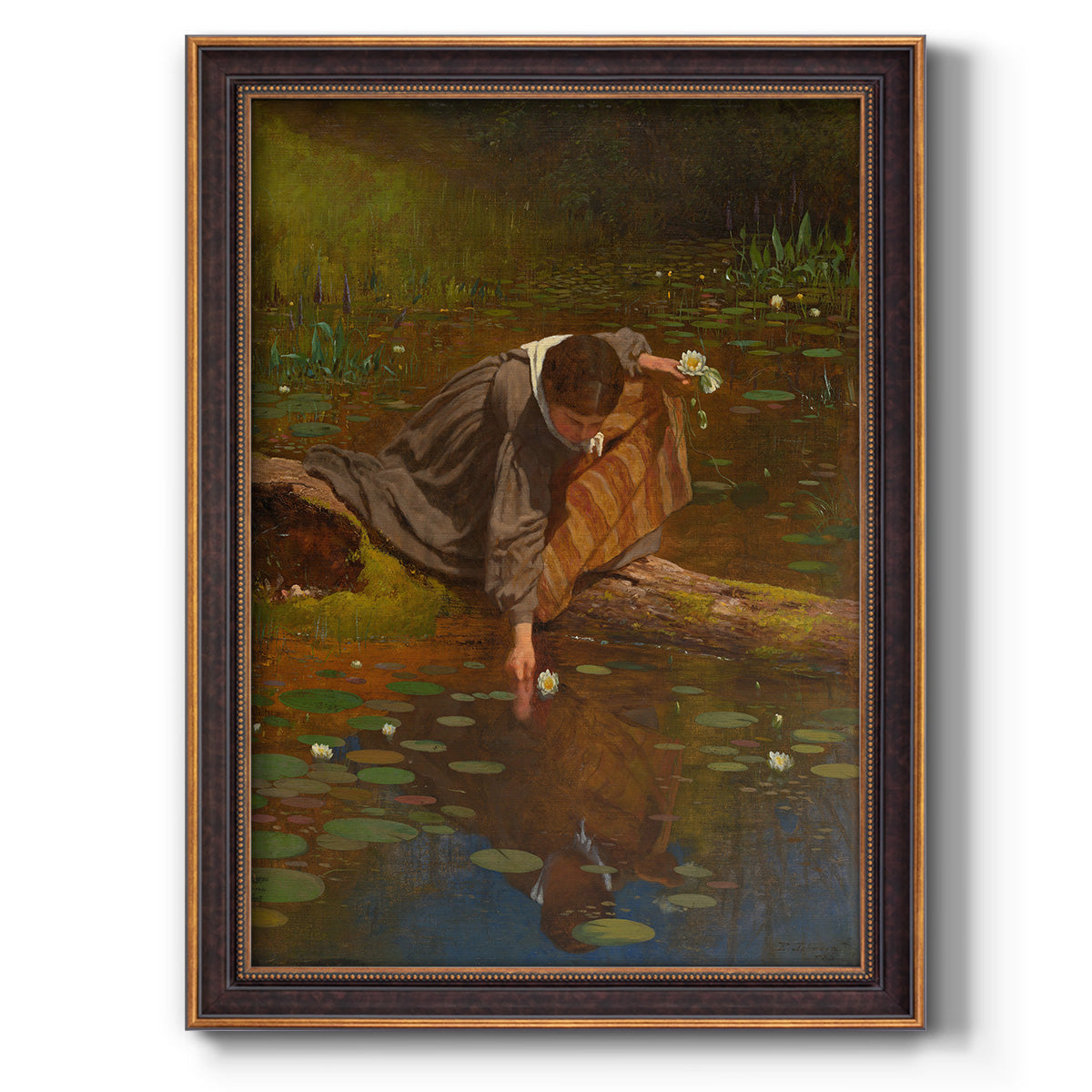 Realist genre painting of figures gathering lilies by Eastman Johnson printed on canvas in an ornate bronzed mahogany wood frame with a vertical orientation.