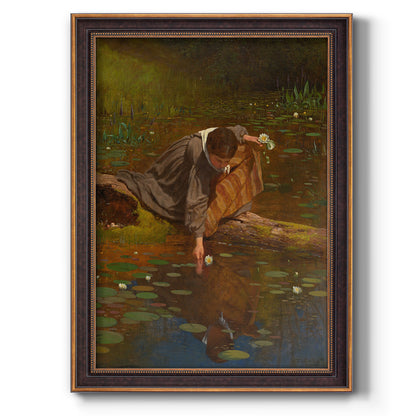 Realist genre painting of figures gathering lilies by Eastman Johnson printed on canvas in an ornate bronzed mahogany wood frame with a vertical orientation.