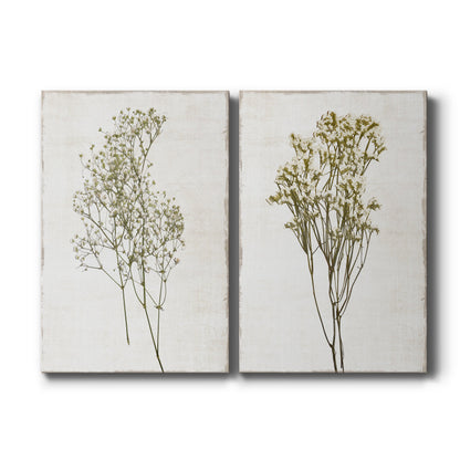 Set of two vertical canvas prints featuring rustic pressed flower botanical artwork, displayed side by side.