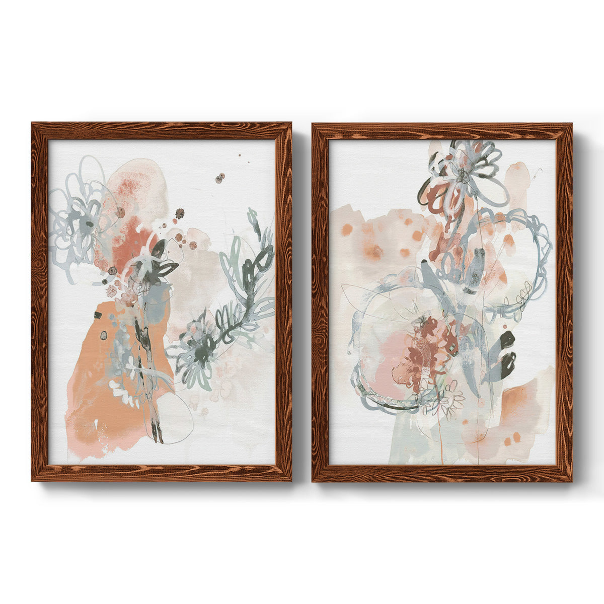 Set of two maple barnwood framed canvas prints featuring two abstract watercolor botanicals featuring loose blush gray and coral floral gestures.
