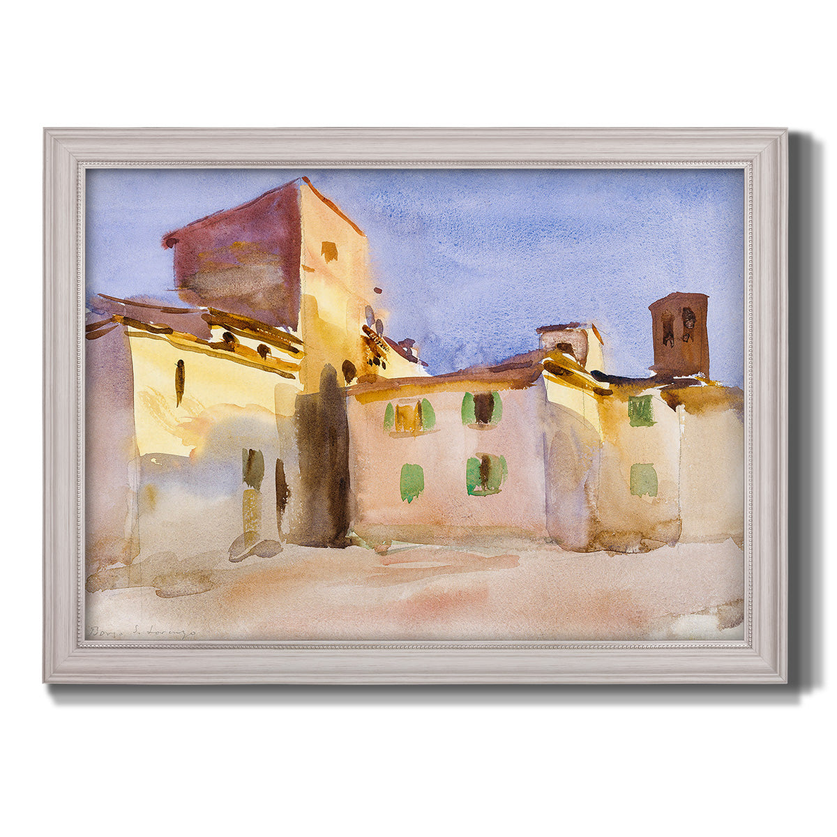 Impressionist Italian village scene by John Singer Sargent printed on canvas in an ornate weathered white frame.
