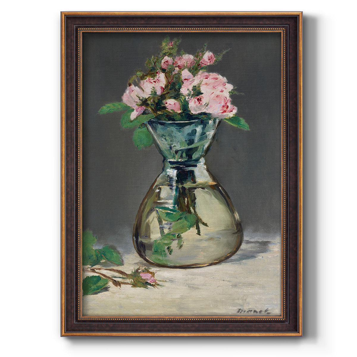 Moss Roses in a Vase - Ornate Framed Canvas Print