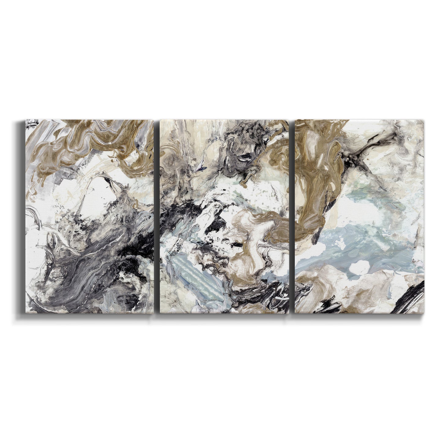 Three-panel canvas wall art featuring marbled modern abstract textures on white background.