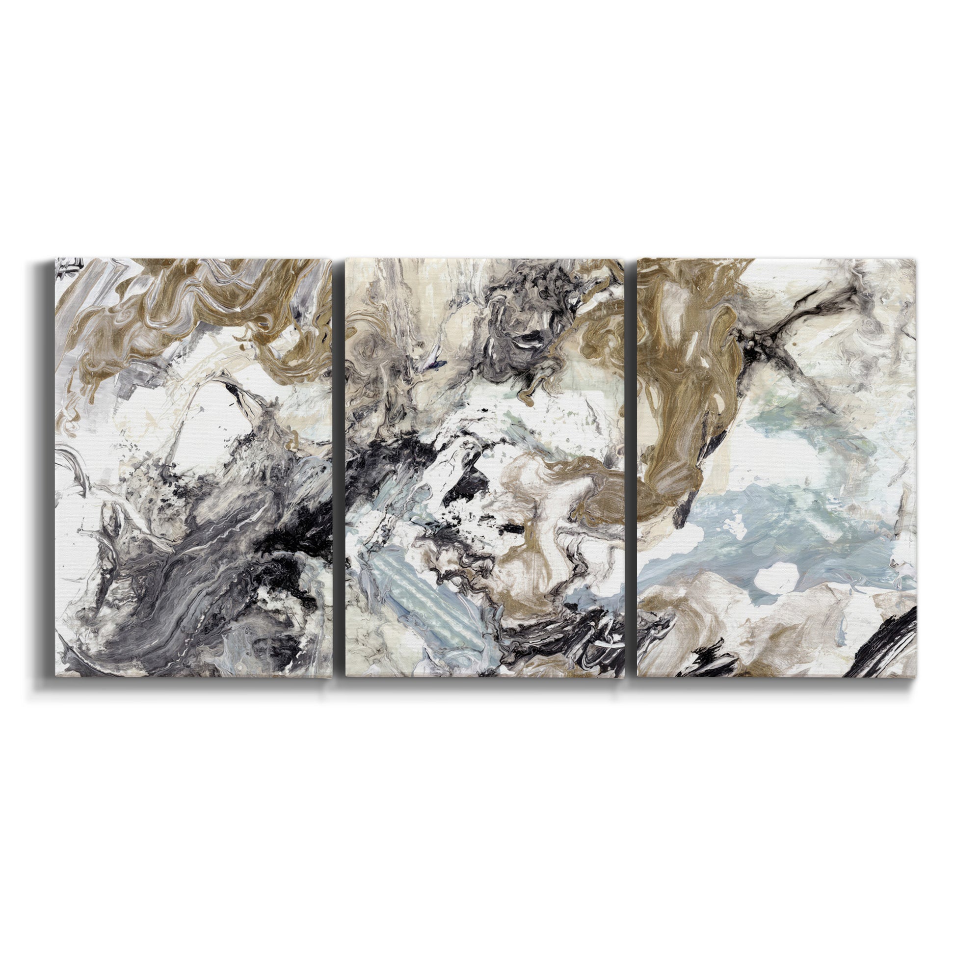 Three-panel canvas wall art featuring marbled modern abstract textures on white background.