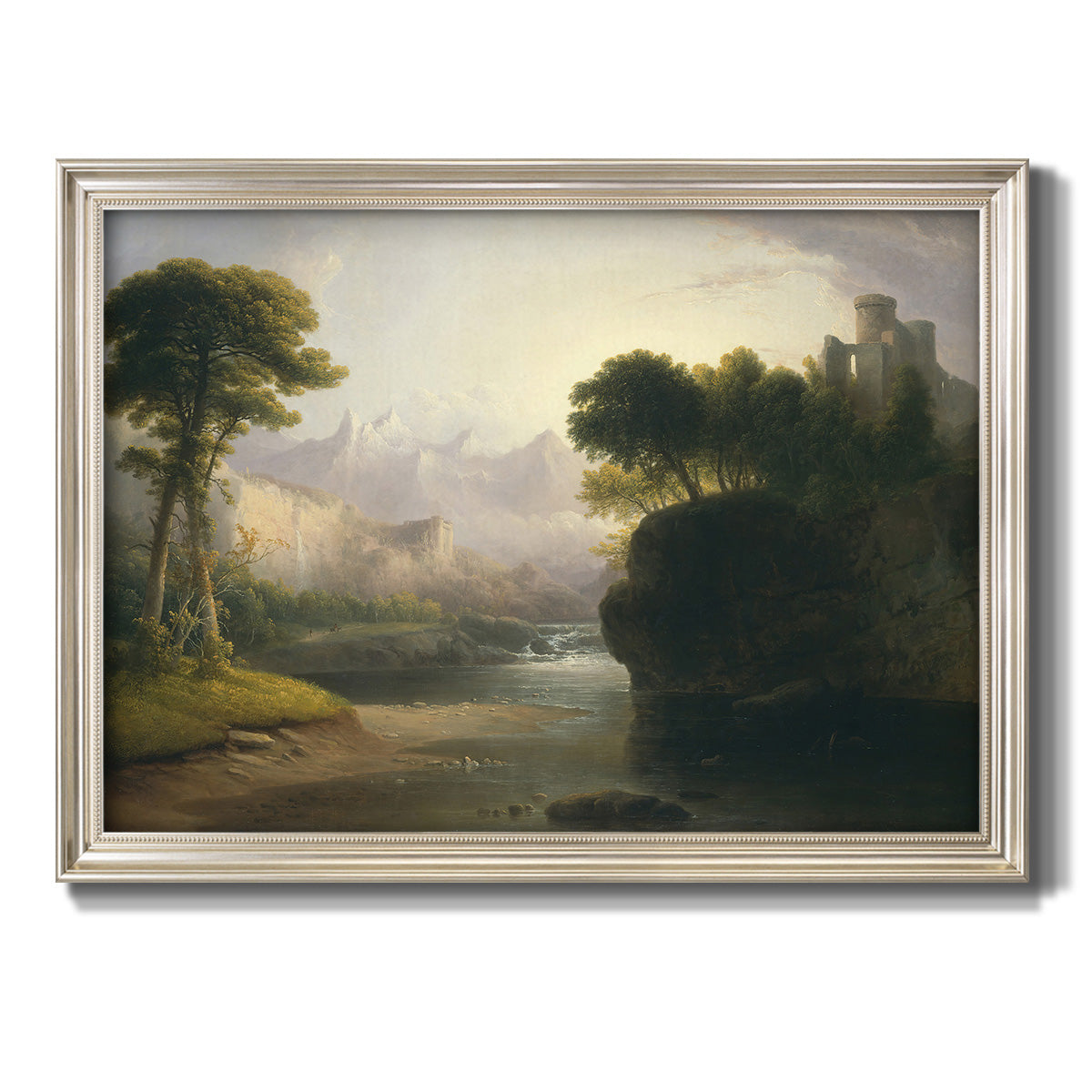 Romantic autumn landscape along the Hudson River by Thomas Doughty printed on canvas in an ornate champagne frame.