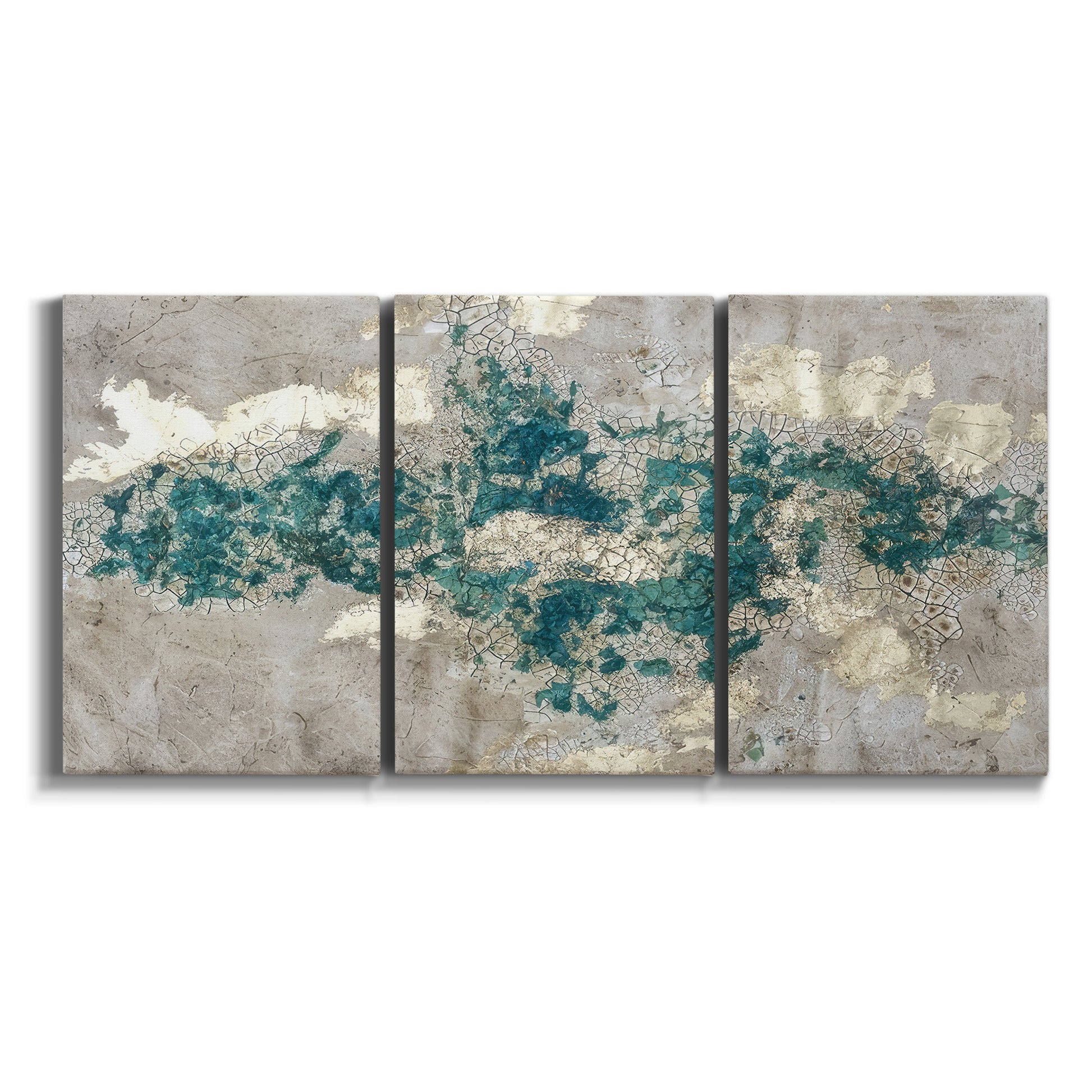 Three-panel canvas wall art featuring layered mineral abstract textures on white background.