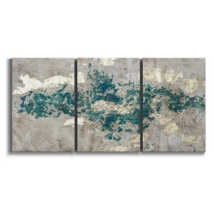 Three-panel canvas wall art featuring layered mineral abstract textures on white background.