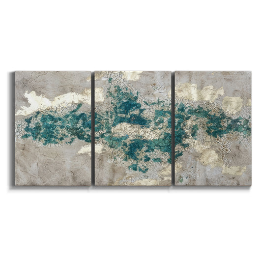 Three-panel canvas wall art featuring layered mineral abstract textures on white background.