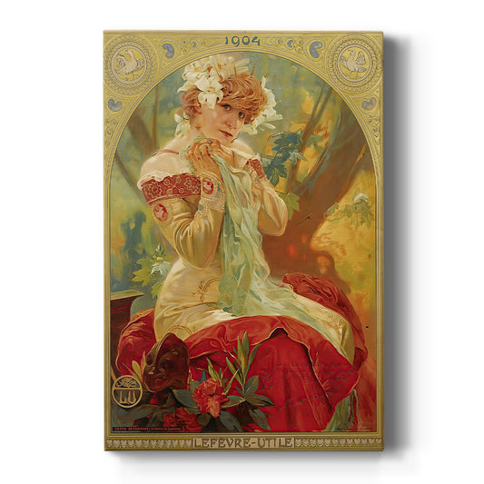 Canvas art print featuring an Art Nouveau portrait of Sarah Bernhardt with ornate decorative details on a clean white background.