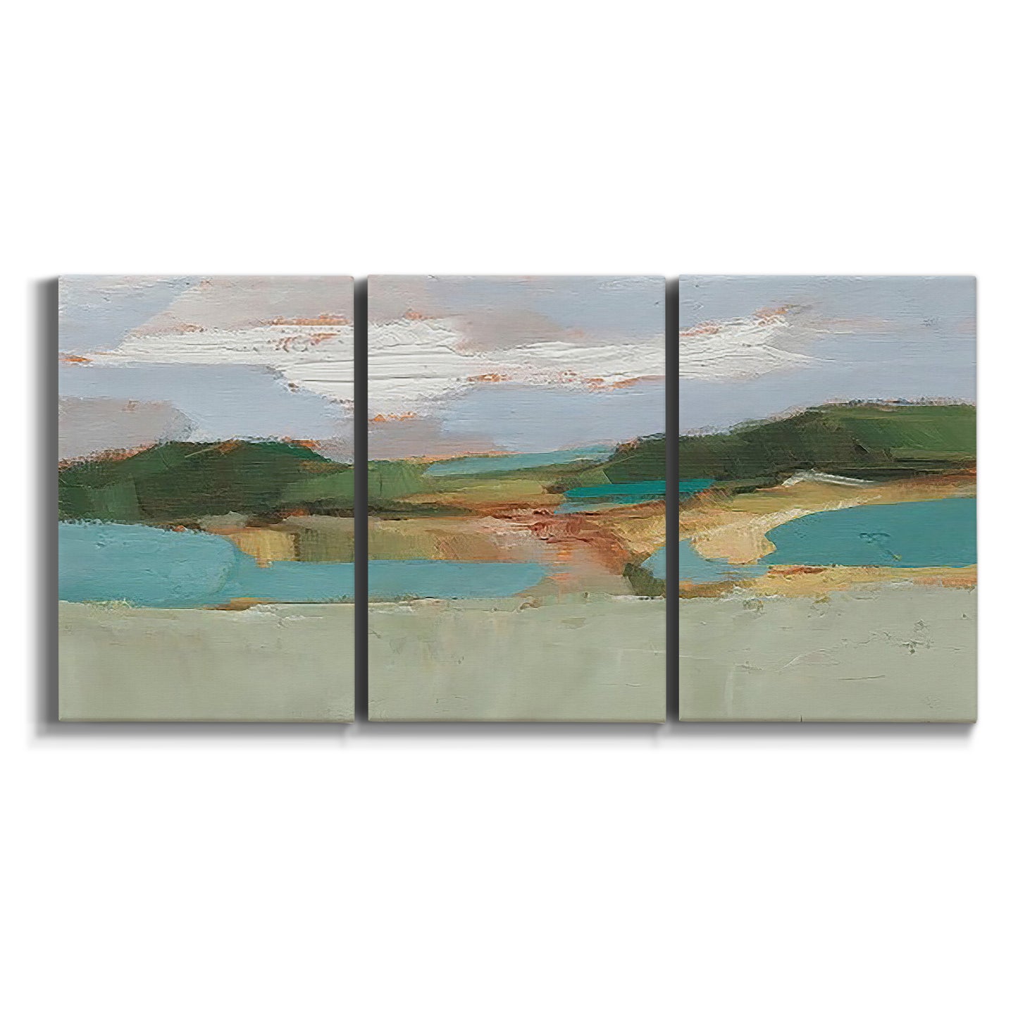 Three-panel canvas wall art featuring wide open landscape under midday light on white background.