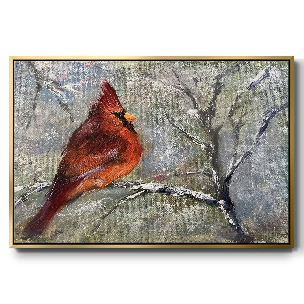 Cardinal in Snow II - Framed Gallery Wrapped Canvas in Floating Frame