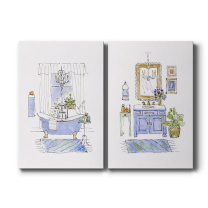 Set of two vertical canvas prints featuring minimalist bathroom sketch illustration, displayed side by side.
