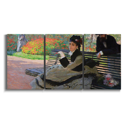 Three-panel canvas wall art featuring figures seated on garden bench on white background.