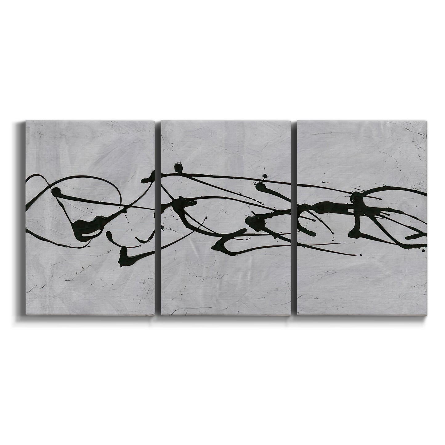 Three-panel canvas wall art featuring minimal abstract frequency lines on white background.